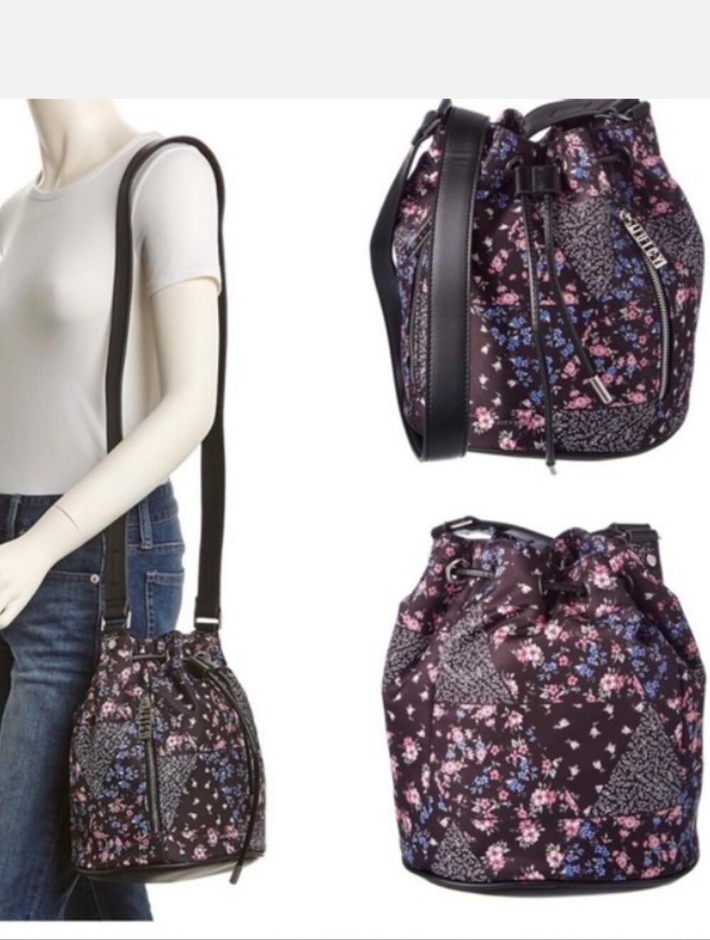 Juicy Couture-Floral Patchwork Drawstring Bucket Bag - 🩷🖤